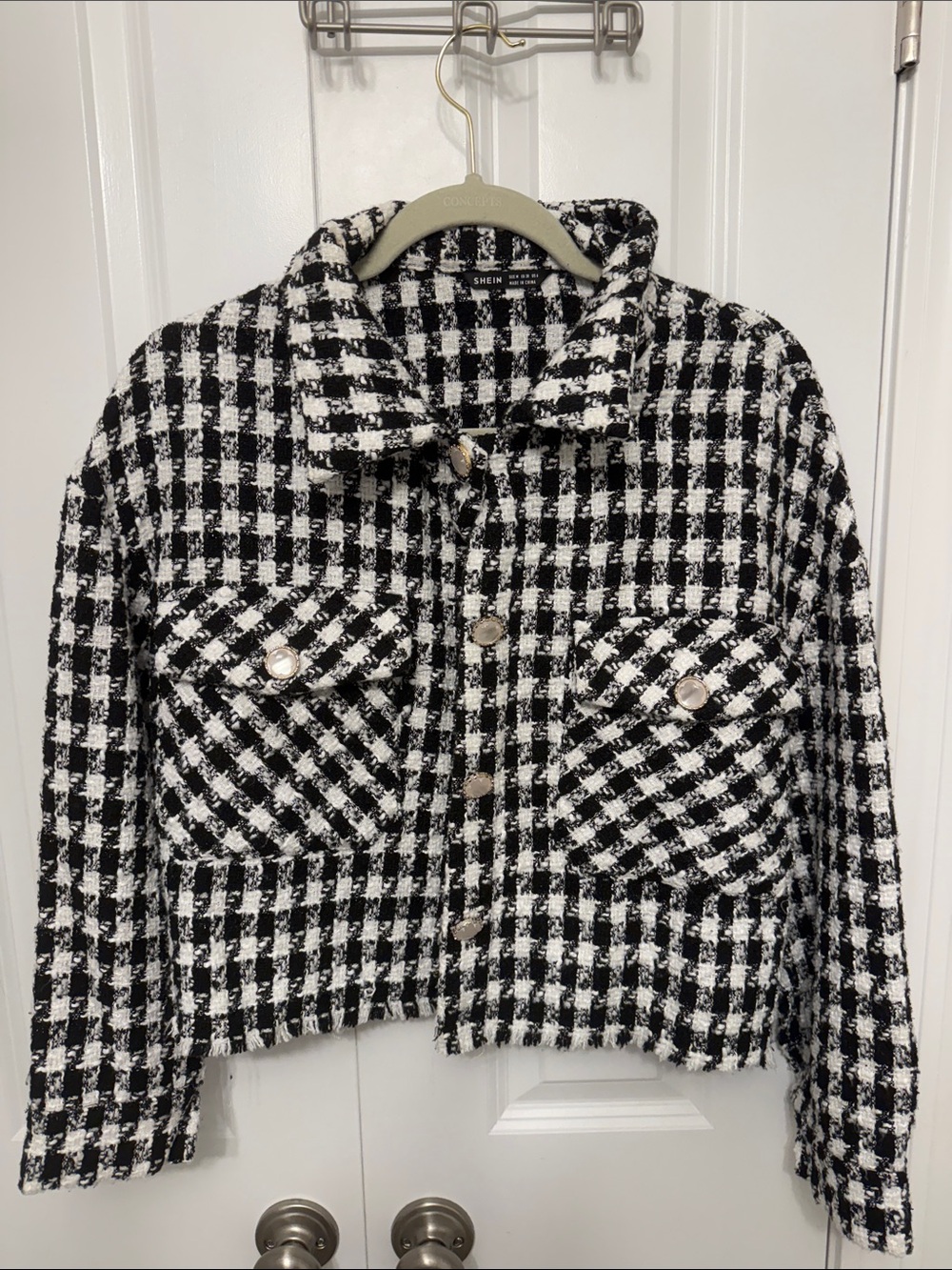 SHEIN Black & White Checked Tweed Jacket with Decorative Buttons